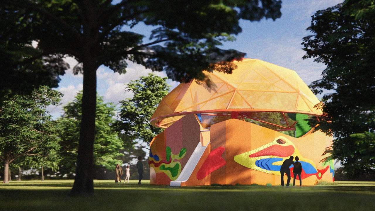 Exterior render of the Play Pavilion designed by Peter Cook Peter Cook Studio Crablab in collaboration with Serpentine and the LEGO Group. Peter Cook Peter Cook Studio Crablab. Courtesy Serpentine