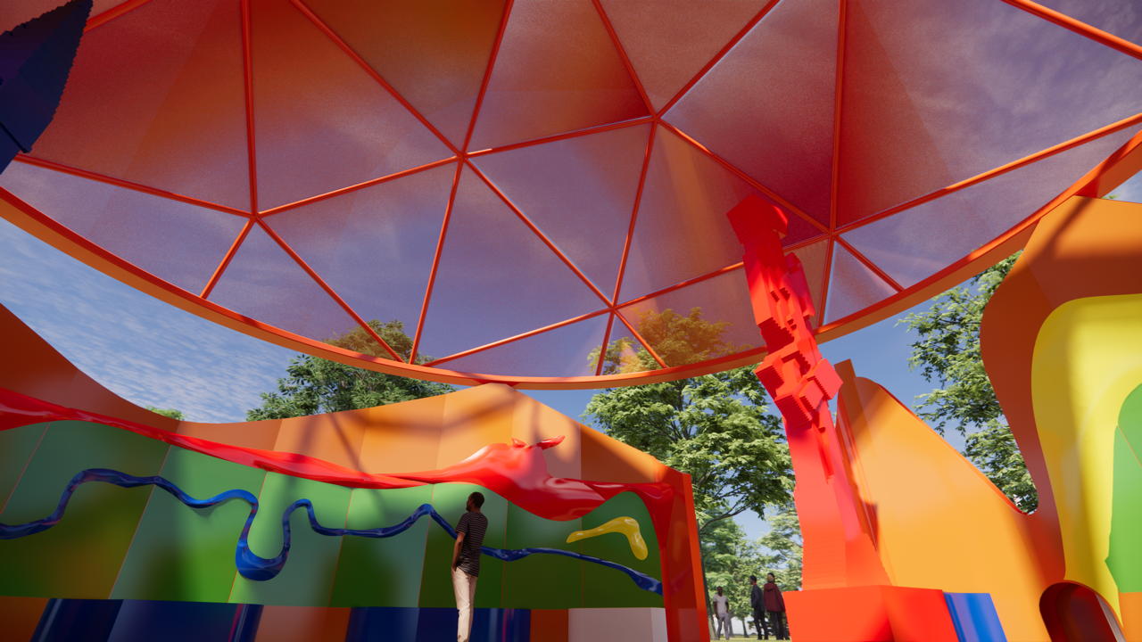 Inside render of the Play Pavilion designed by Peter Cook Peter Cook Studio Crablab in collaboration with Serpentine and the LEGO Group. Peter Cook Peter Cook Studio Crablab. Courtesy Serpentine